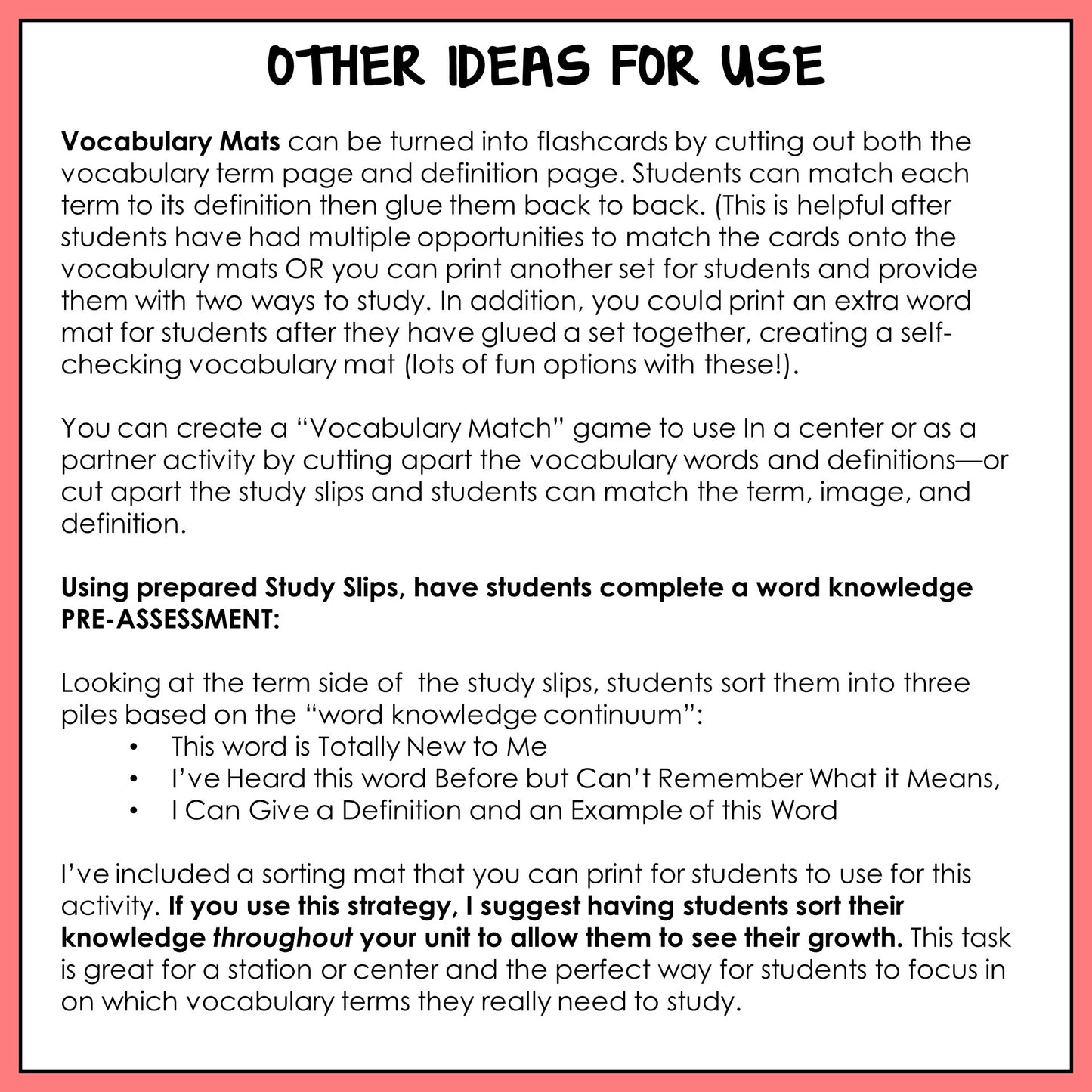 Instructions and ideas for using vocabulary mats and study slips 