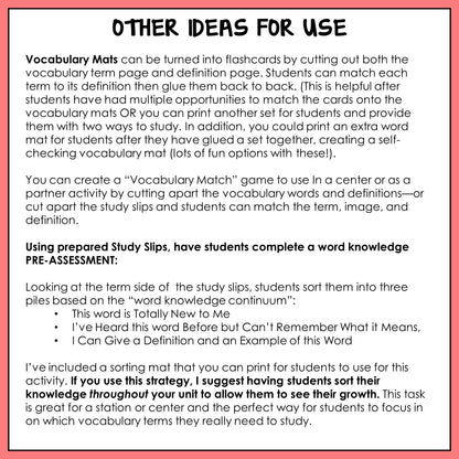 Instructions and ideas for using vocabulary mats and study slips 