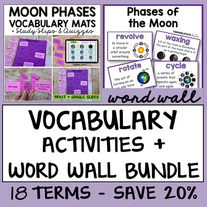 Educational materials for moon phases with vocabulary mats, study slips, and word wall
