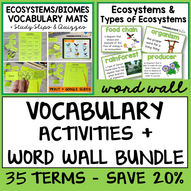 Ecosystems and biomes vocabulary bundle with mats, study slips, and word wall activities.