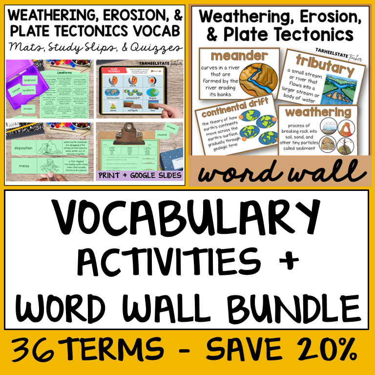 Educational materials for teaching weathering, erosion, and plate tectonics with vocabulary activities and word wall.