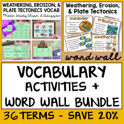 Educational materials for teaching weathering, erosion, and plate tectonics with vocabulary activities and word wall.