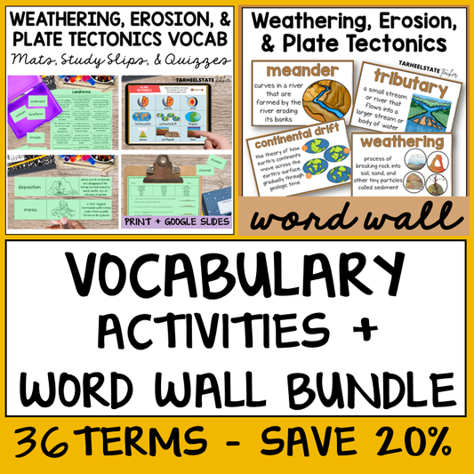 Educational materials for teaching weathering, erosion, and plate tectonics with vocabulary activities and word wall.
