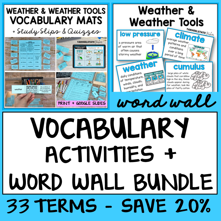 Educational materials for teaching weather vocabulary and tools with a word wall and activities.