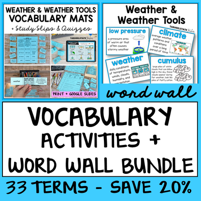 Educational materials for teaching weather vocabulary and tools with a word wall and activities.