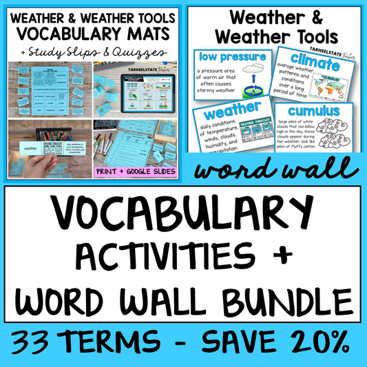 Educational materials for teaching weather vocabulary and tools with a word wall and activities.