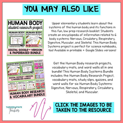 Student research project with worksheets, graphic organizers, and vocabulary activities on the Human Body