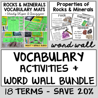 Educational materials for teaching rocks and minerals, including vocabulary mats and word wall cards.