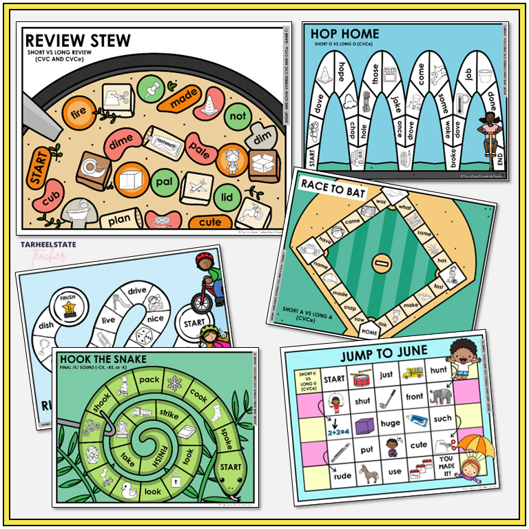 Collection of educational board games for teaching phonics and language skills.