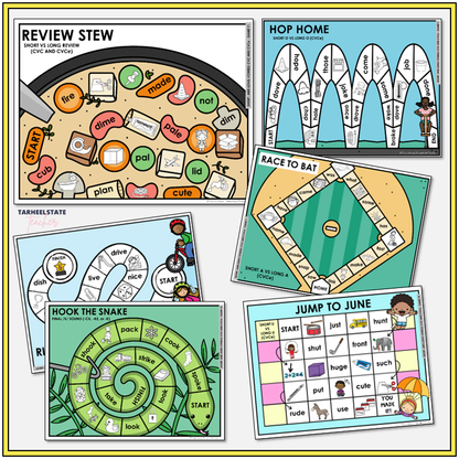 Collection of educational board games for teaching phonics and language skills.