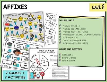 Educational materials for teaching prefixes and suffixes with games and activities in the Syllables and Affixes stage.
