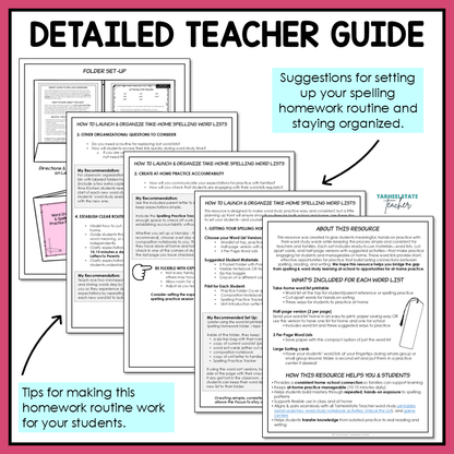Detailed teacher guide with tips for setting up a spelling homework routine for 1st to 2nd grade spellers.