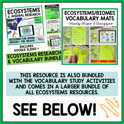 Ecosystems and Biomes Vocabulary Activities Mats, Study Slips, & Quizzes with Word Wall Bundle