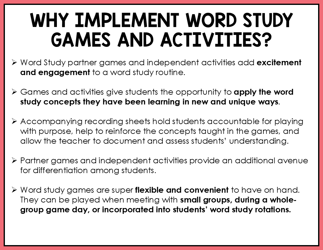 Text explaining the benefits of implementing word study games and activities in the classroom for elementary students