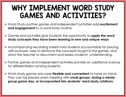 Text explaining the benefits of implementing word study games and activities in the classroom for elementary students