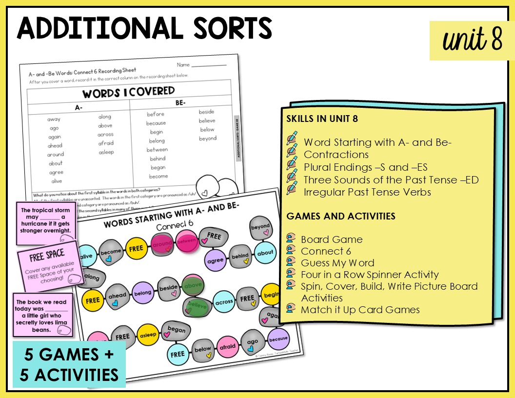 5 partner games and 5 independent activities for students to engage in to practice contractions, plural endings, past tense -ed, and irregular past tense verbs