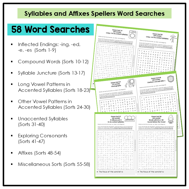 58 word search activities included for Syllables & Affixes Spellers