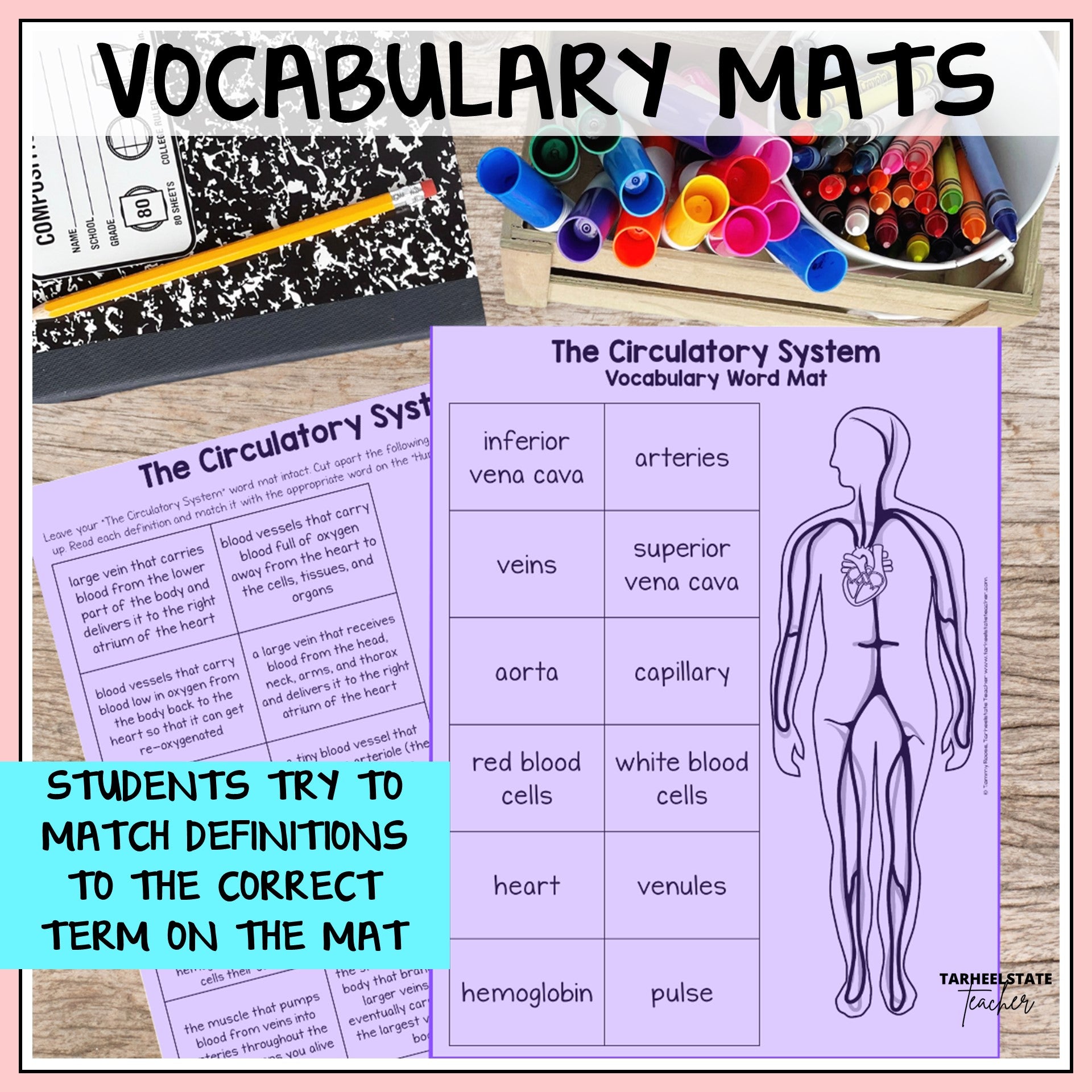 Vocabulary mats for teaching the circulatory system with definitions and terms.