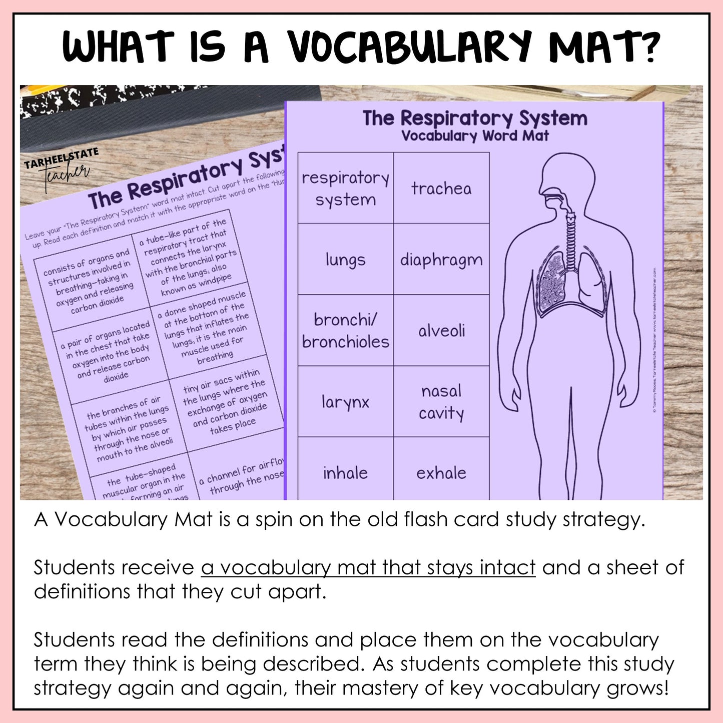 Explanation of how to use vocabulary mats in the classroom for instructing science vocabulary and test prep