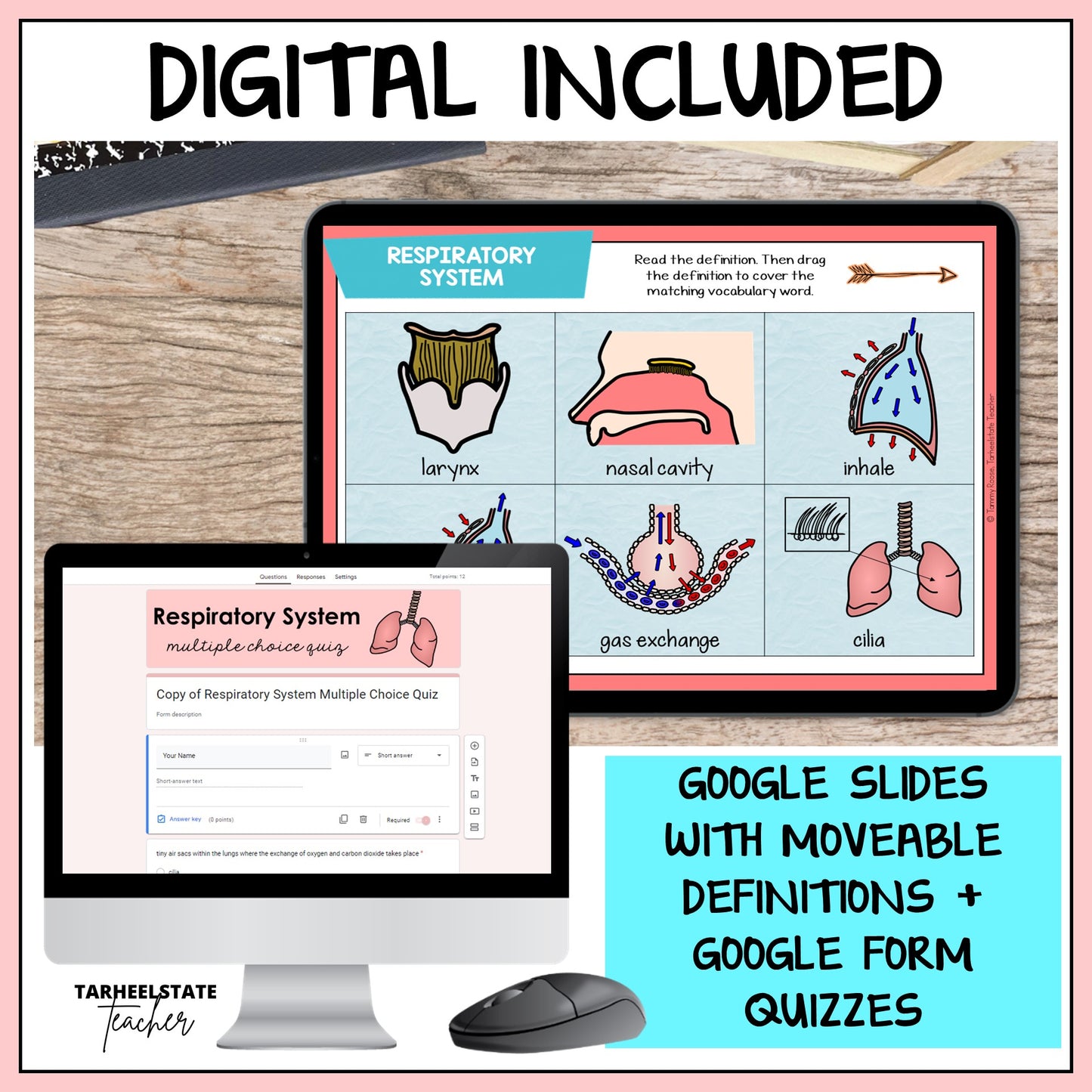 Respiratory and Circulatory system vocabulary resource includes google slides with moveable definitions and google form quizzes to assess student understanding and for test prep purposes.