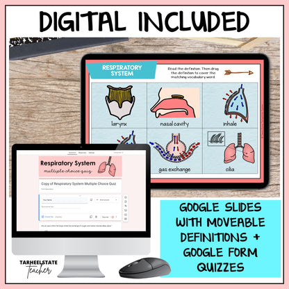 Respiratory and Circulatory system vocabulary resource includes google slides with moveable definitions and google form quizzes to assess student understanding and for test prep purposes.