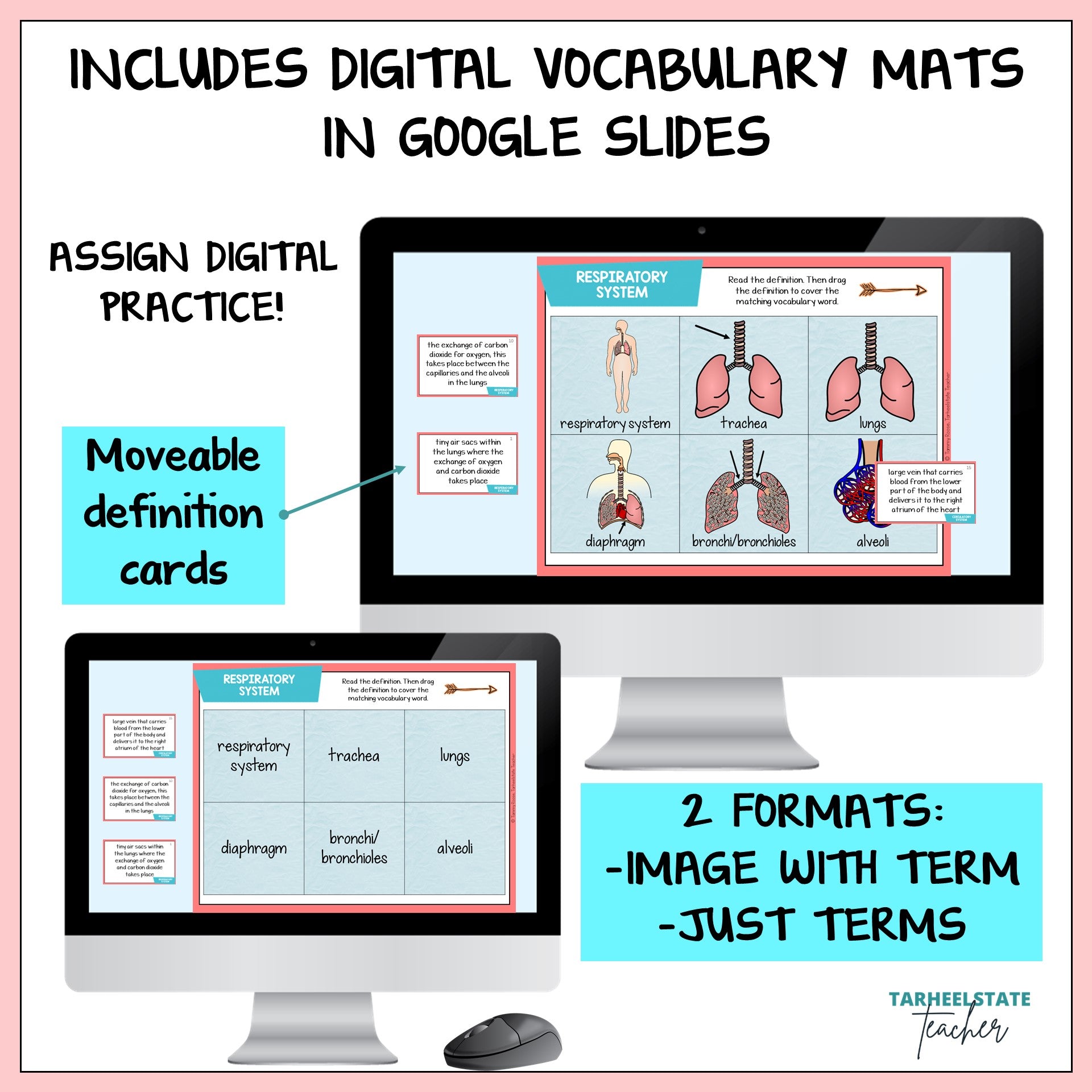 Digital vocabulary mats with Google Slides on a computer screen, featuring text about assign digital practice and movable definition cards.