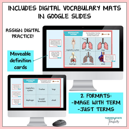 Digital vocabulary mats with Google Slides on a computer screen, featuring text about assign digital practice and movable definition cards.