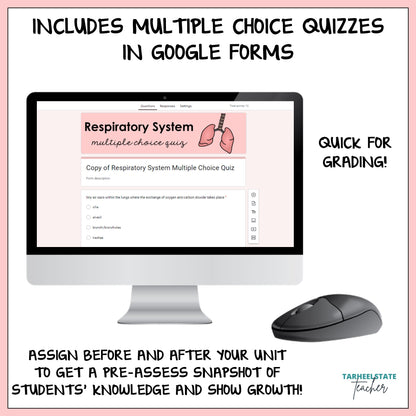 Respiratory and Circulatory vocabulary resource includes multiple choice quizzes in Google Forms to make grading easier