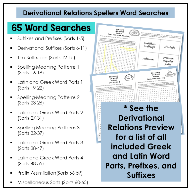 65 word search activities included for Derivational Relations Spellers