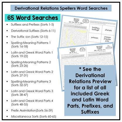 65 word search activities included for Derivational Relations Spellers