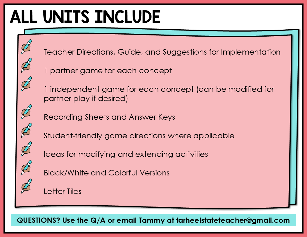 List of materials included in the spelling games and activities bundle for spellers in the Letter Name-Alphabetic stage.