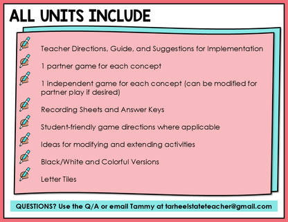 List of materials included in the spelling games and activities bundle for spellers in the Letter Name-Alphabetic stage.