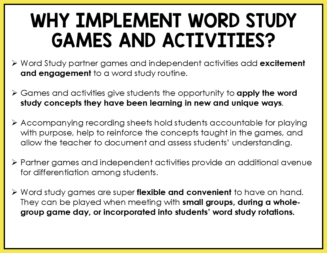 Text explaining the benefits of implementing word study games in the classroom
