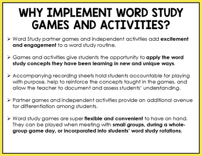 Text explaining the benefits of implementing word study games in the classroom