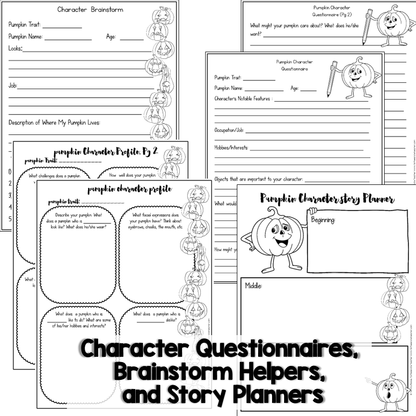 Holiday creative writing projects include character questionnaires, brainstorm helpers, and story planners