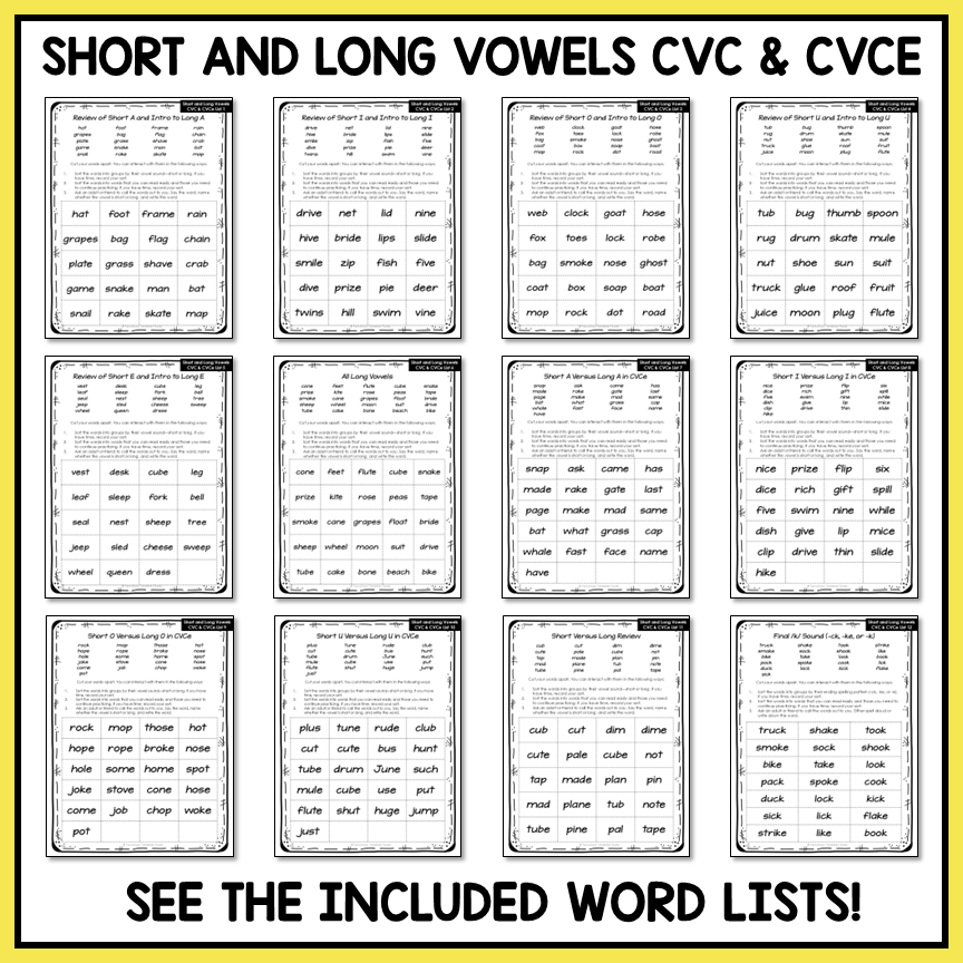 Short vs Long Vowels CVC and CVCe Words Within Word Pattern Activity Printable