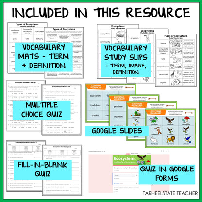 Educational resources including vocabulary mats, study slips, multiple choice quiz, Google Slides, fill-in-blank quiz, and quiz in Google Forms 