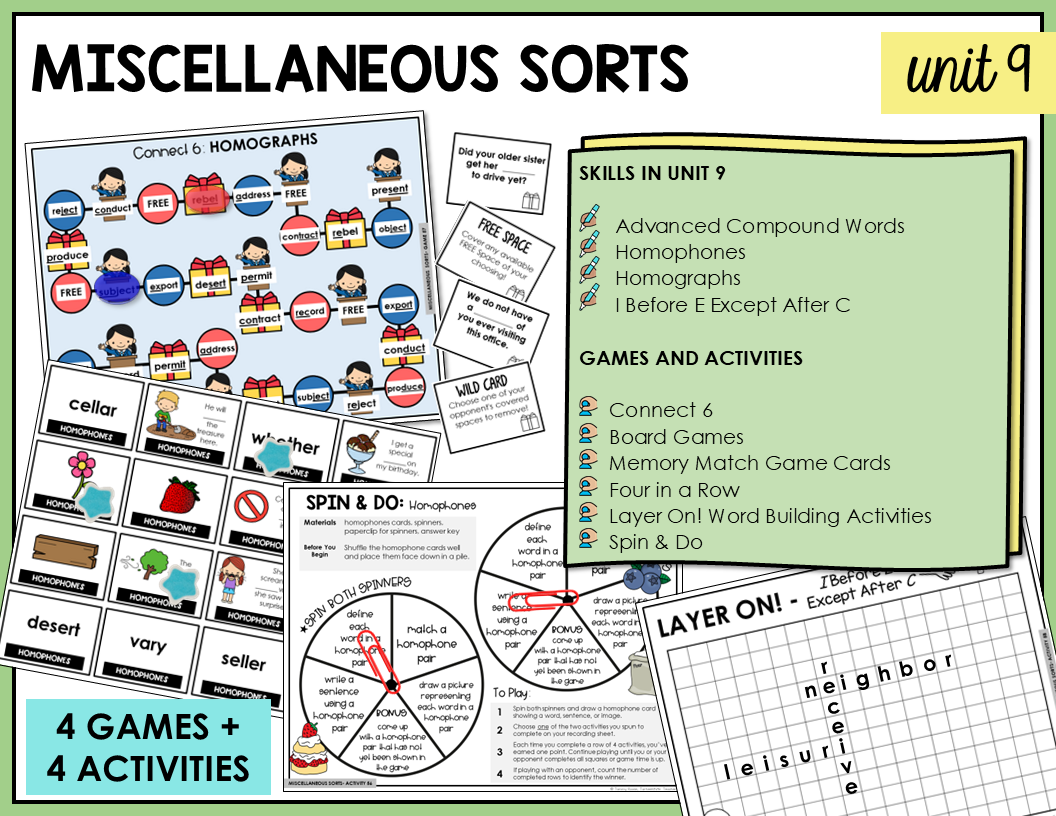 Spelling games and activities for teaching homographs, homophones, compound words, and the spelling rule I before E except after C.