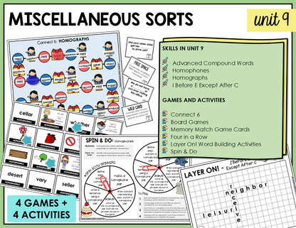 Spelling games and activities for teaching homographs, homophones, compound words, and the spelling rule I before E except after C.