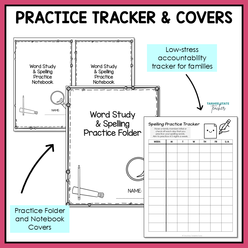 Practice tracker and covers for word study and spelling practice homework routine.