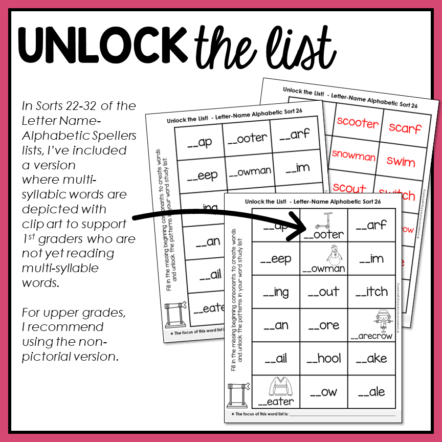 Educational worksheet titled 'Unlock the List' with letter-name spelling practice, featuring clip art for support.