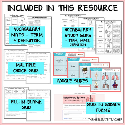 Educational resources including vocabulary mats, study slips, multiple choice quiz, Google Slides, fill-in-blank quiz, and quiz in Google Forms 
