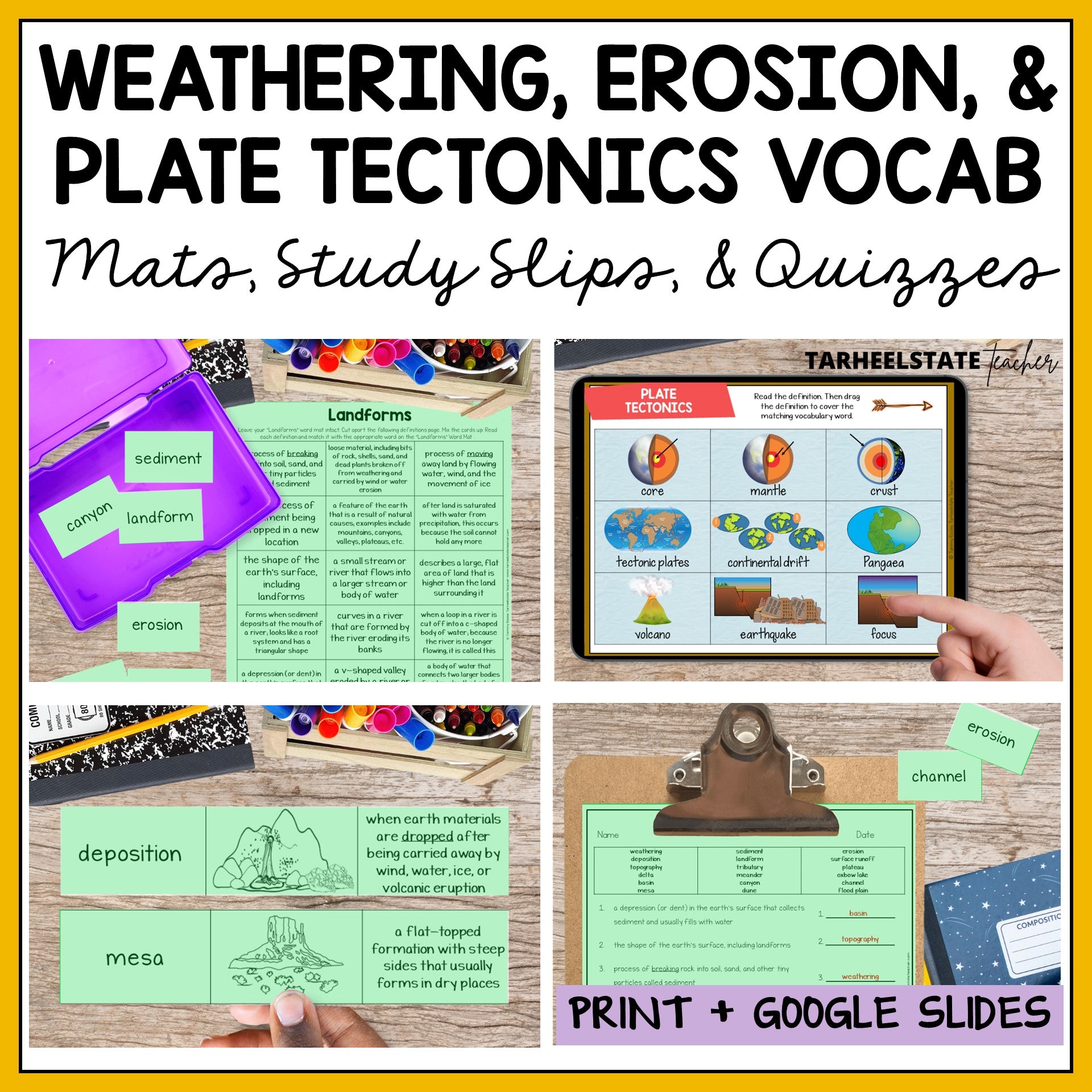 Educational materials on weathering, erosion, and plate tectonics with digital and print options.