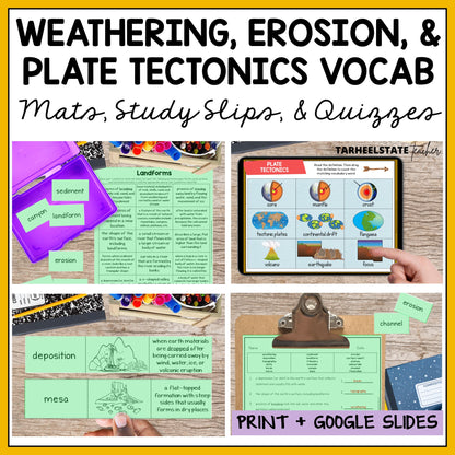 Educational materials on weathering, erosion, and plate tectonics with digital and print options.
