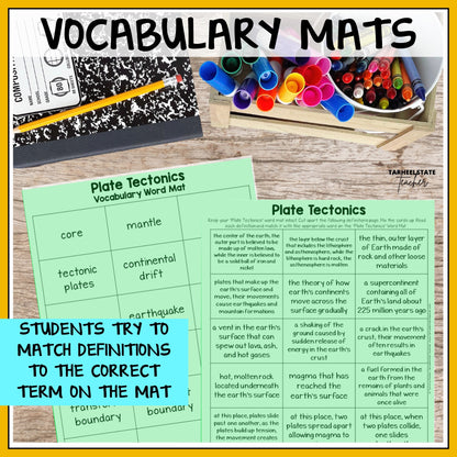 Vocabulary mats for plate tectonics with definitions and terms