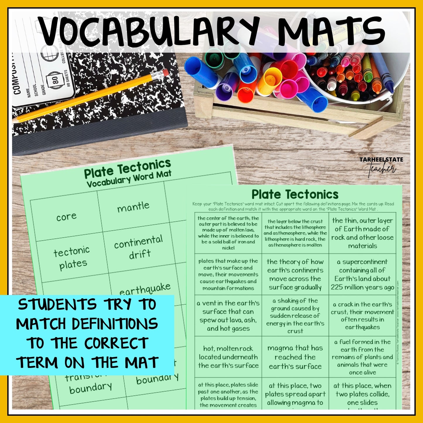 Vocabulary mats for plate tectonics with definitions and terms