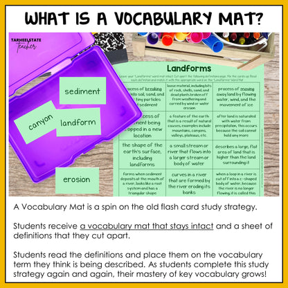 Vocabulary mat with cut-out terms and definitions on landforms