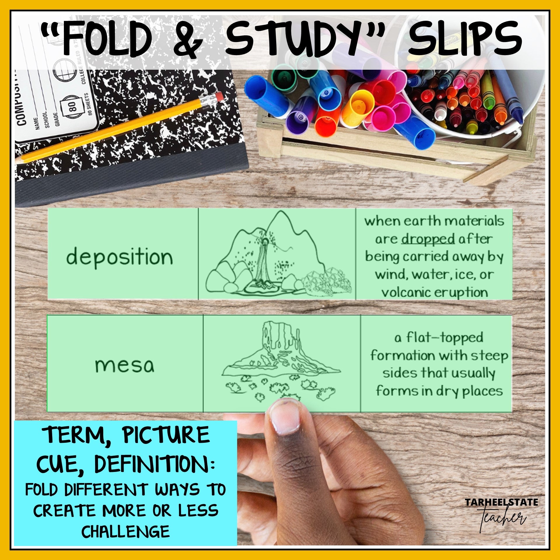 Educational 'Fold & Study' slips with plate tectonics and erosion terms and definitions
