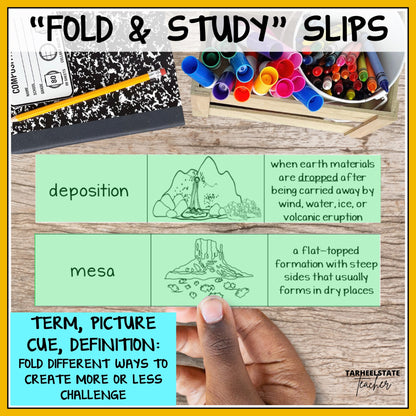 Educational 'Fold & Study' slips with plate tectonics and erosion terms and definitions