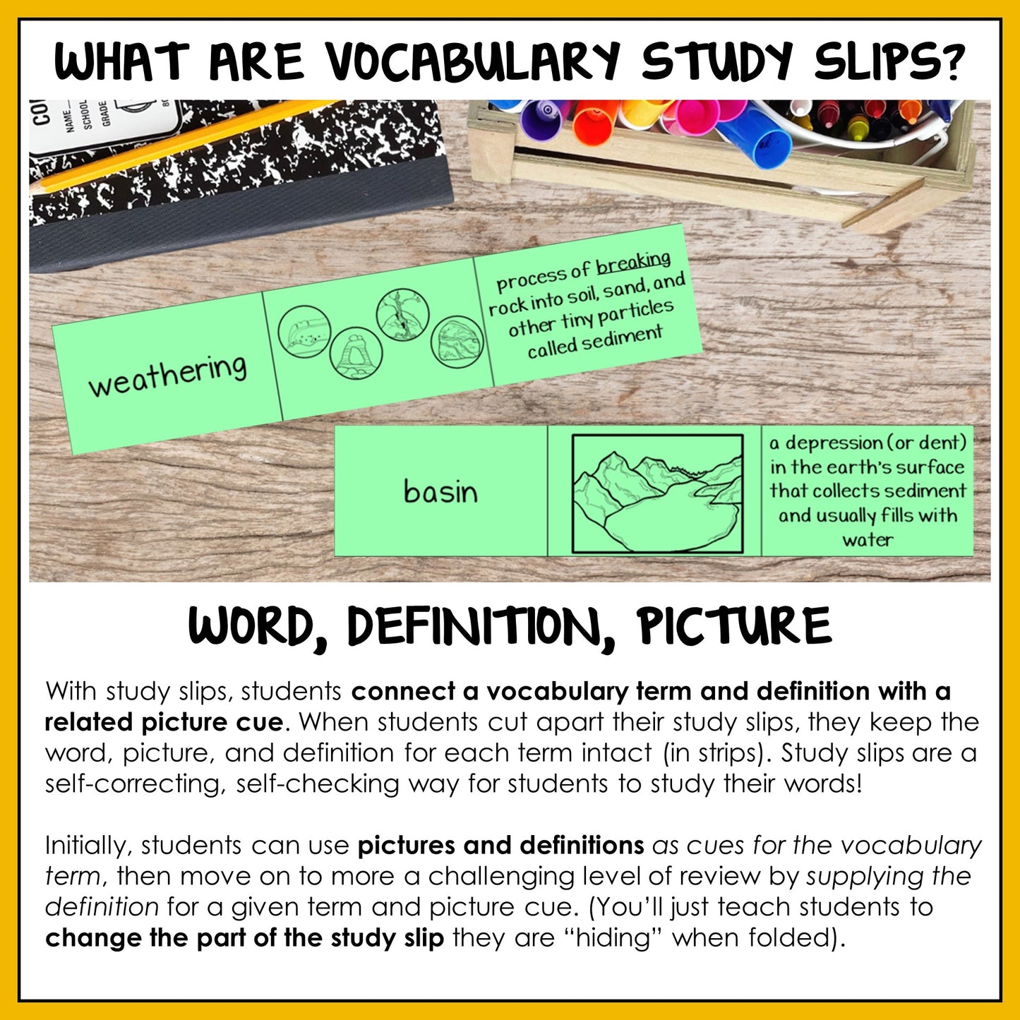 Vocabulary study slips with science term, definition, and picture